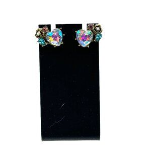 Heart Shaped Rhinestone Gold Tone Floral Stud Earrings With Iridescent Crystal